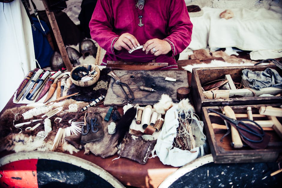 Artisan crafting tools and materials in a traditional workshop setting.